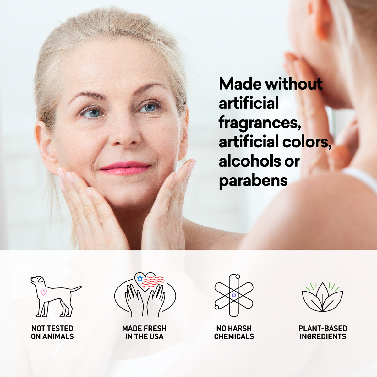 Woman applying cream to her face with product features highlighted on a white background