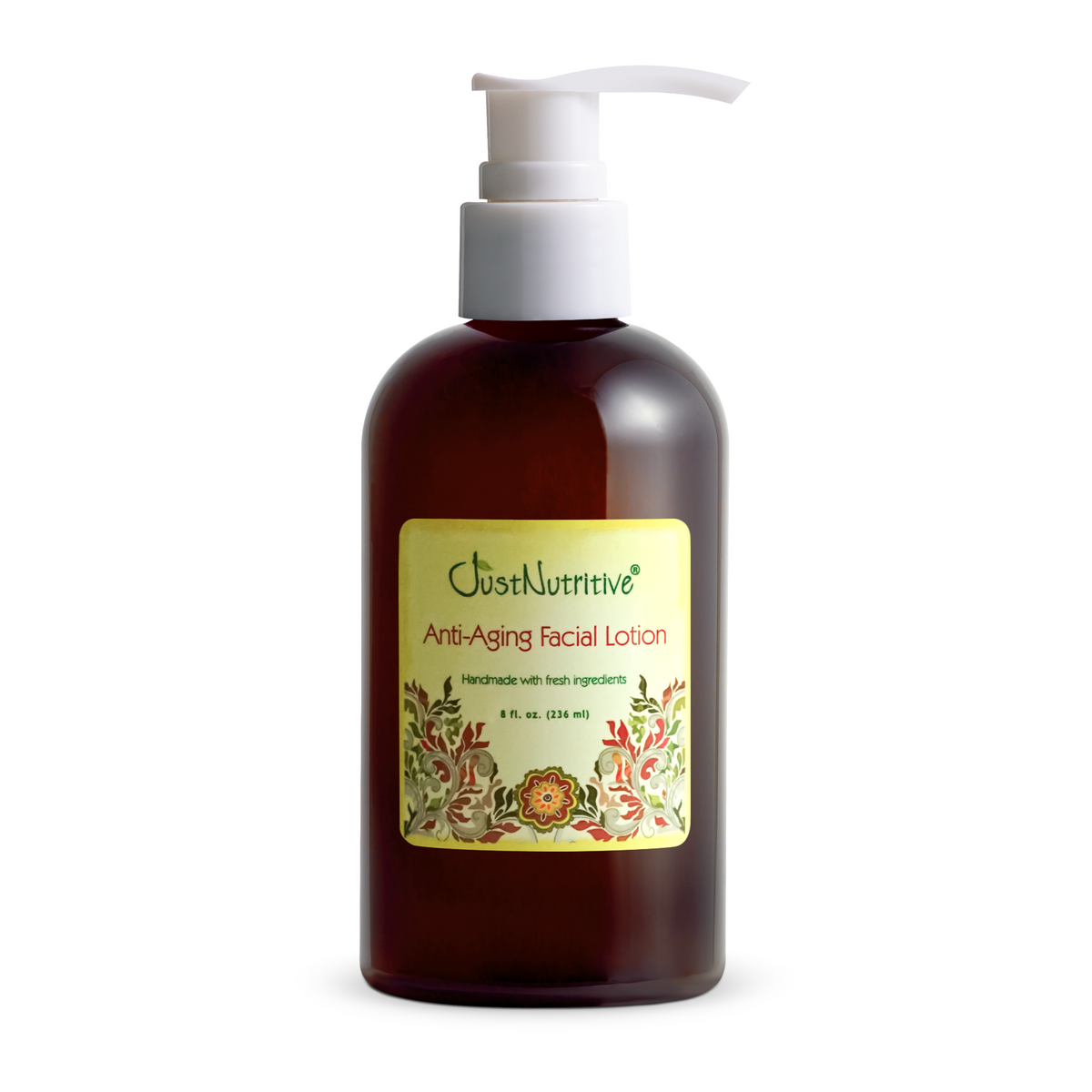 Amber bottle of anti-aging facial lotion with a pump on a white background