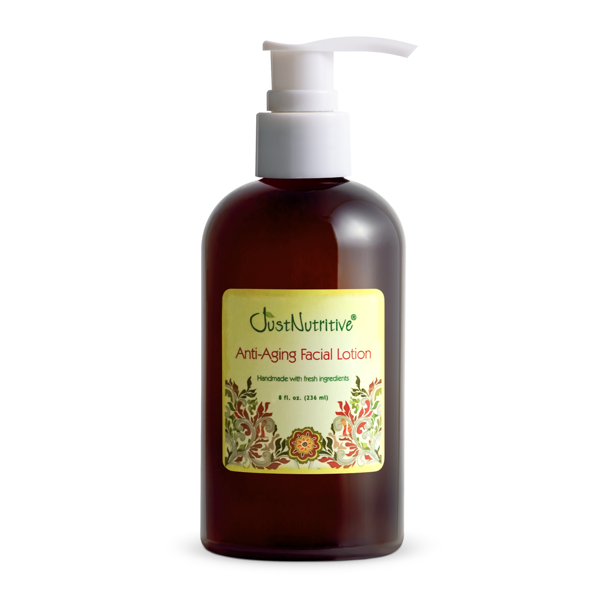 Brown bottle of anti-aging facial lotion with a pump on a white background