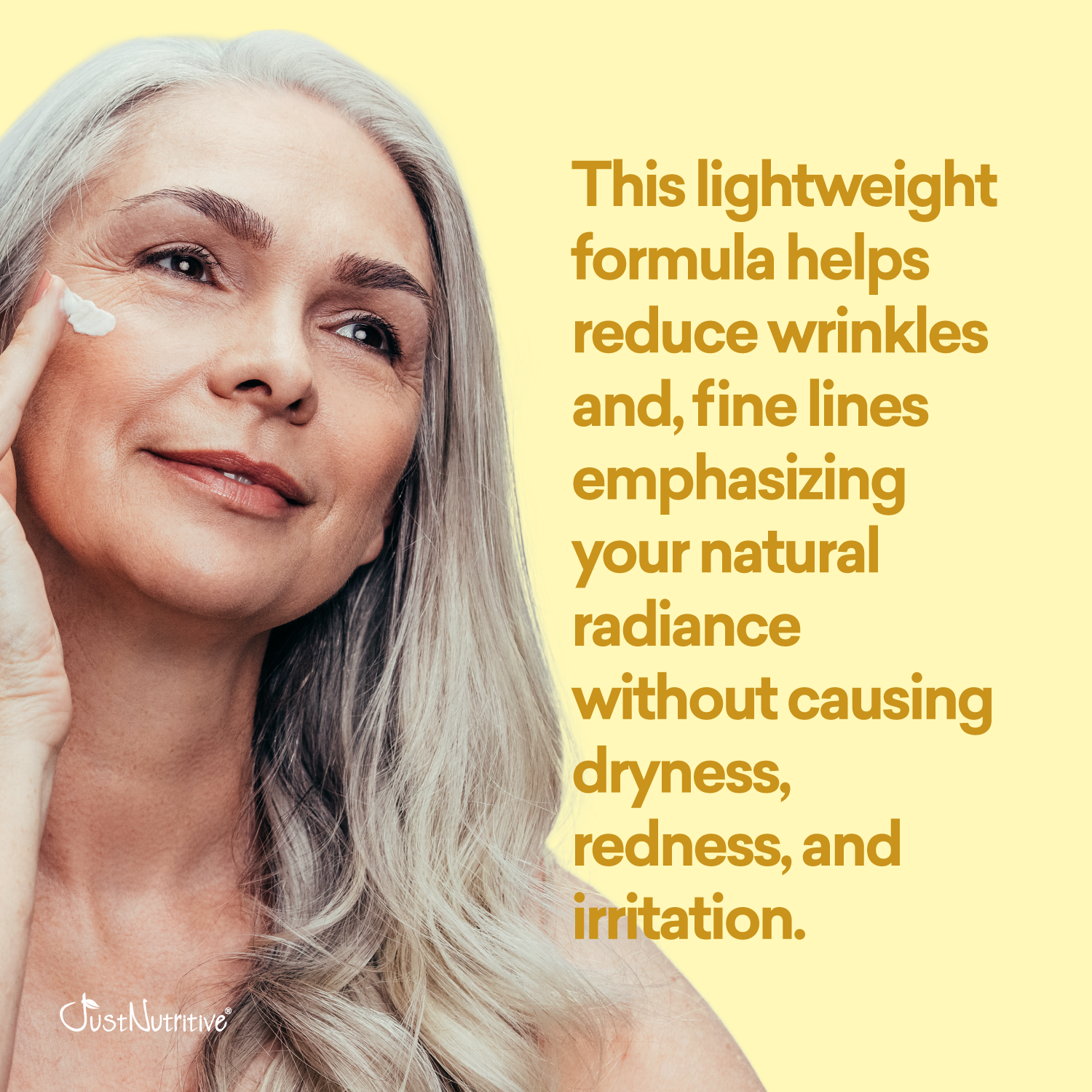 Woman applying cream to face with text about skincare formula on yellow background