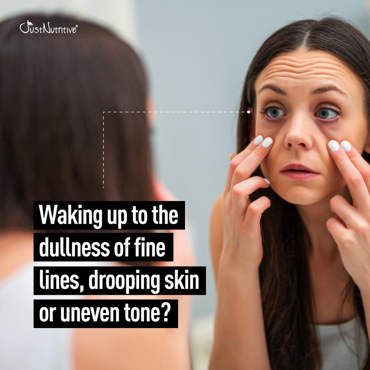 Woman looking at her face in the mirror with text about skin concerns.