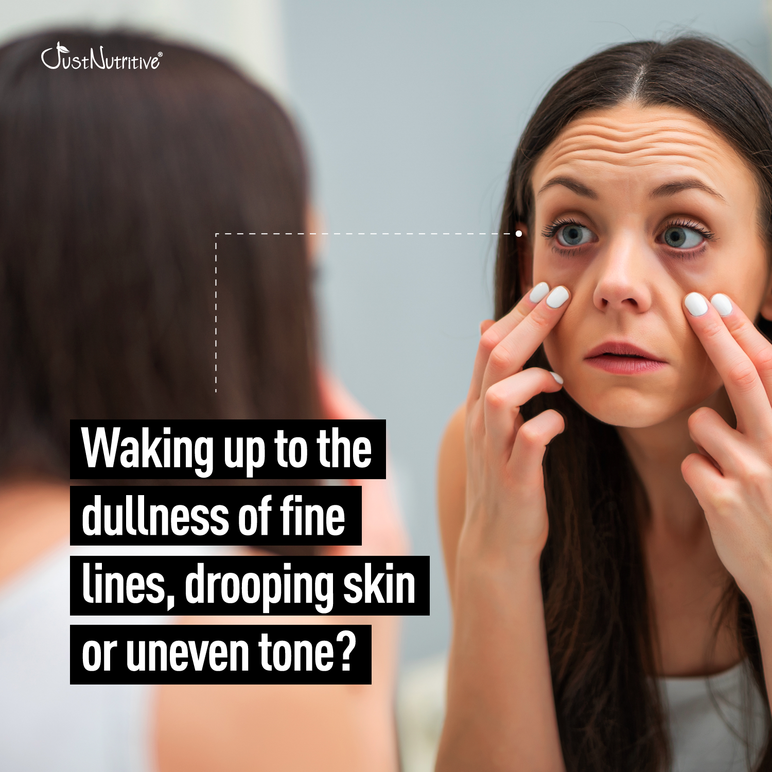 Woman looking at her face in the mirror with text about skin concerns.