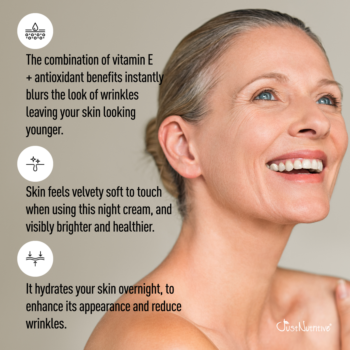 Advertisement for a night cream with text about vitamin E, antioxidants, and skin benefits.
