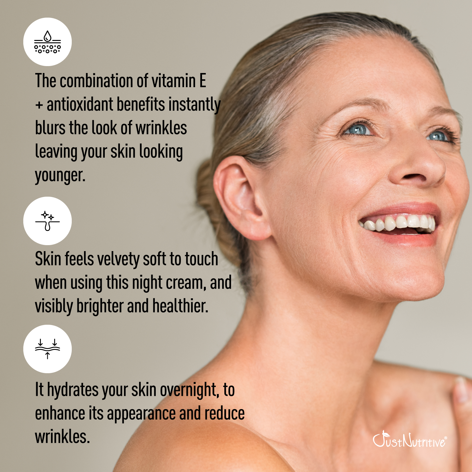Advertisement for a night cream with text about vitamin E, antioxidants, and skin benefits.