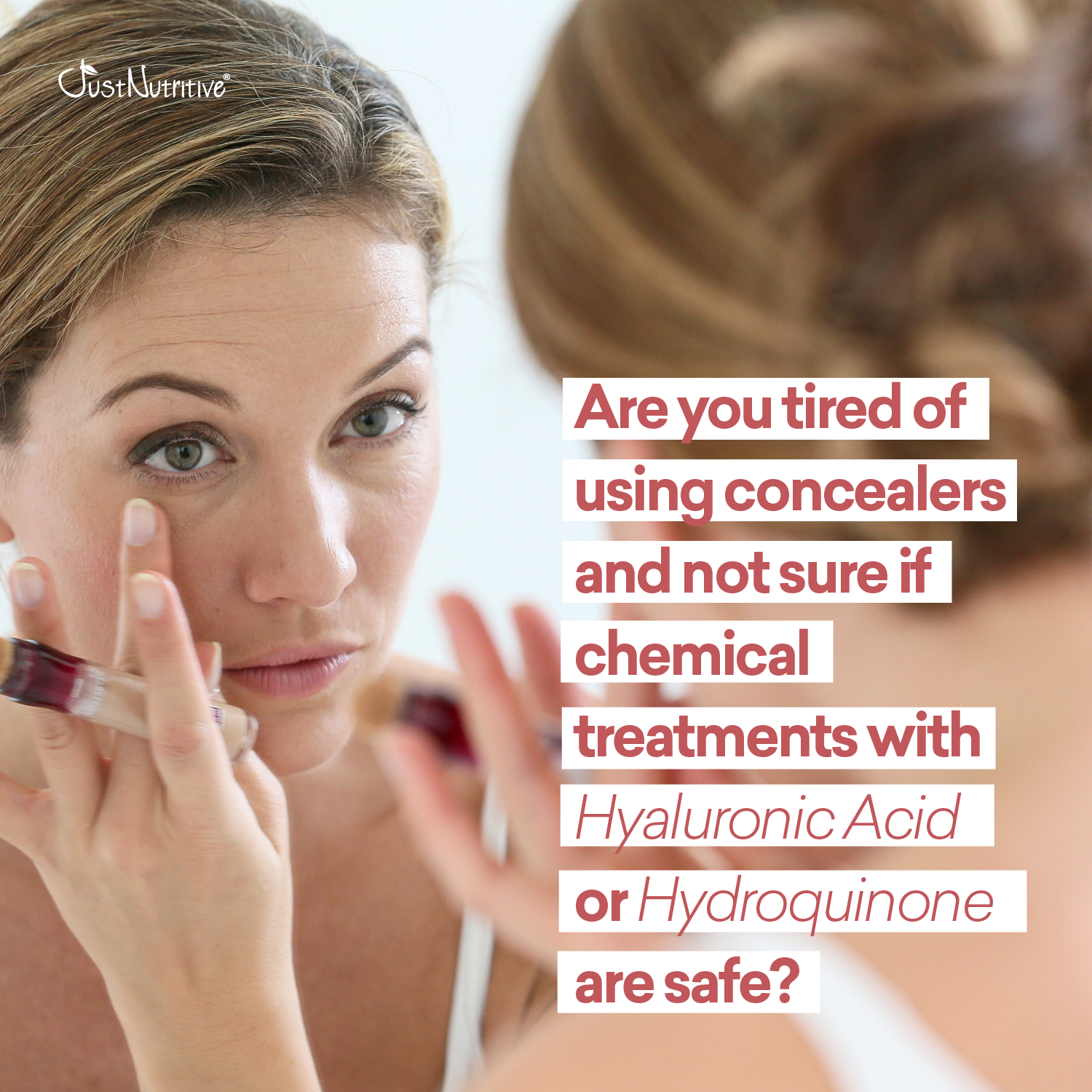 Woman applying makeup with text about chemical treatments on a white background