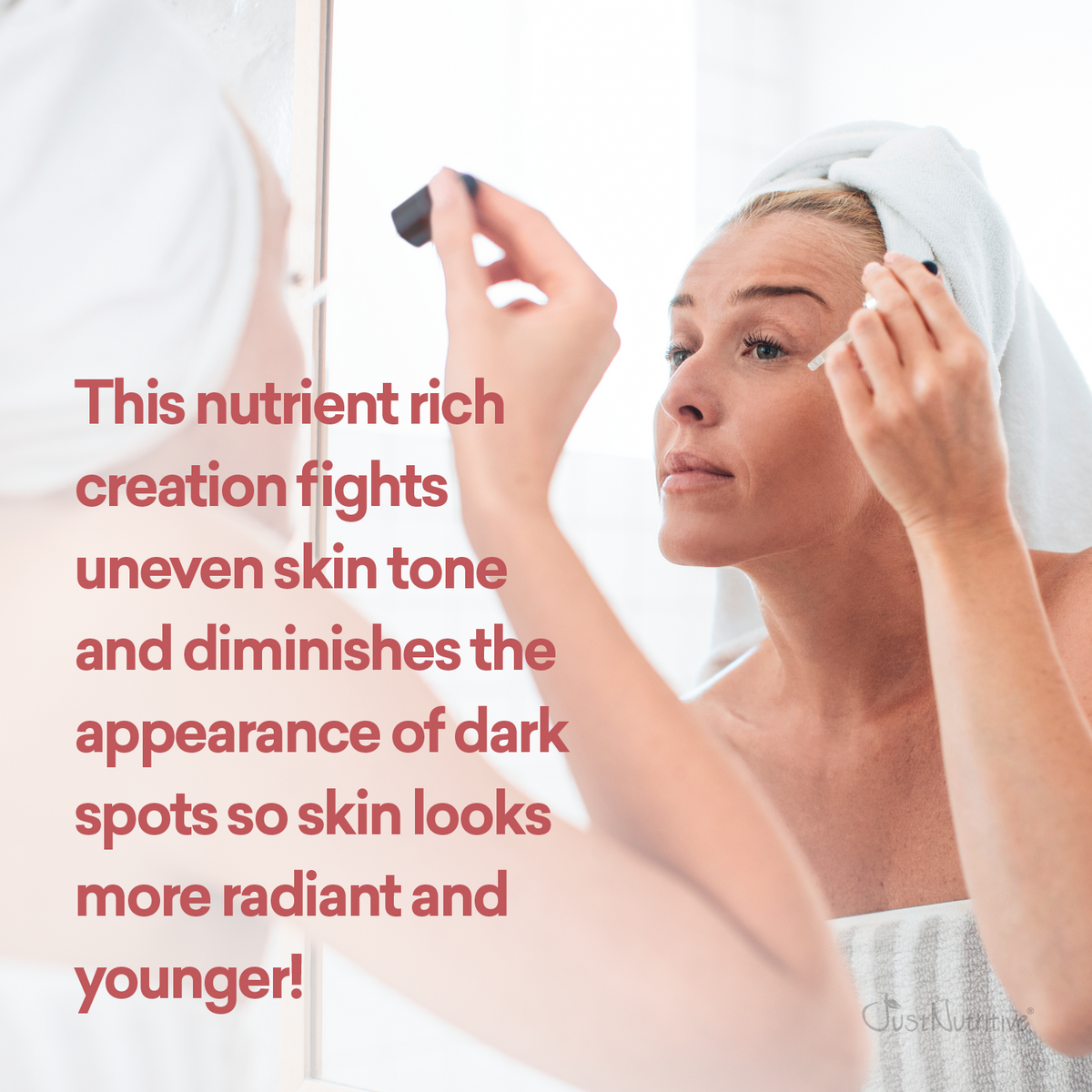 Woman applying skincare product with text about skin tone and dark spots.