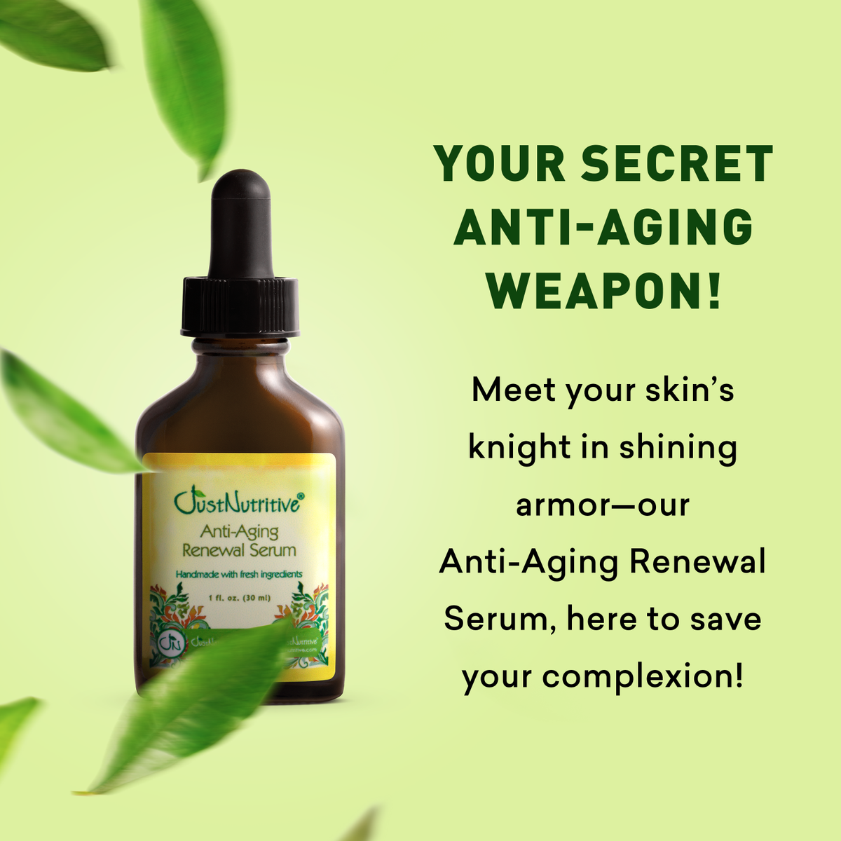 Anti-aging serum bottle with text on a green background