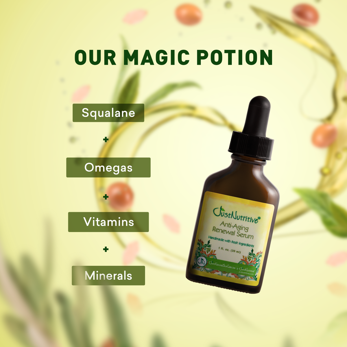 Brown dropper bottle labeled 'Our Magic Potion' with ingredients listed on a green background.