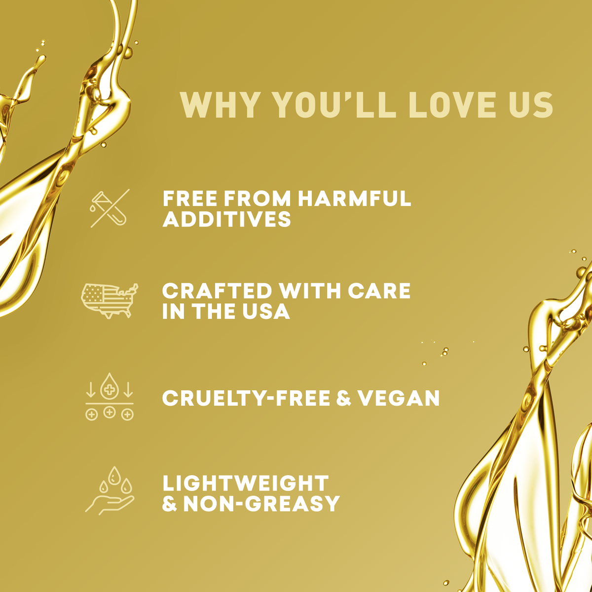 Promotional graphic with text about product features on a gold background