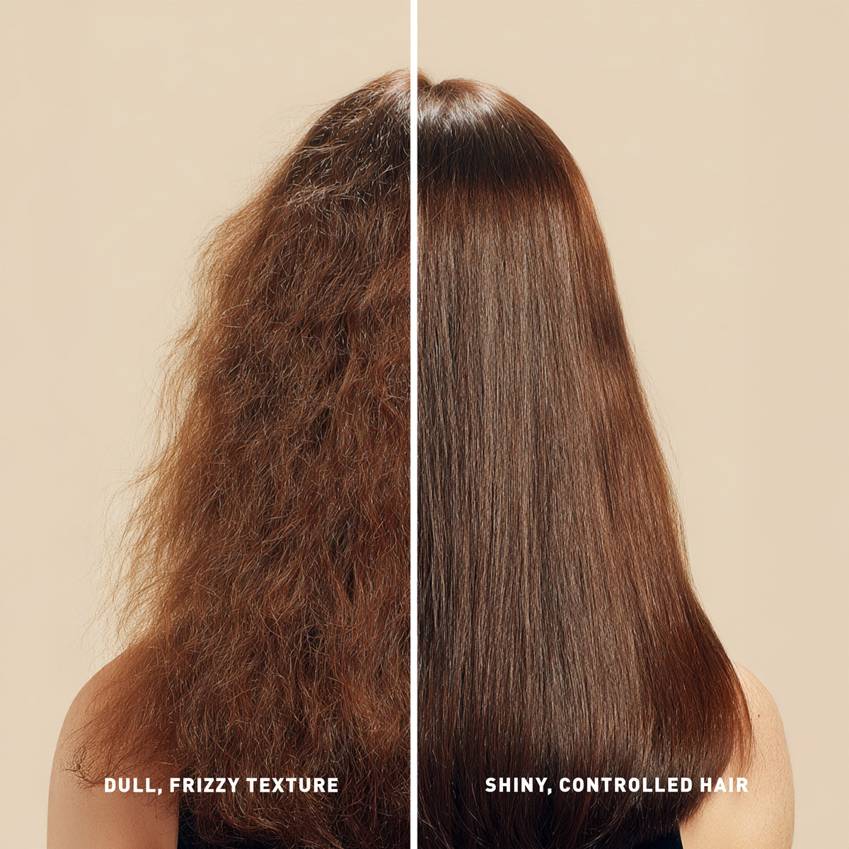 Comparison of dull, frizzy hair on the left and shiny, controlled hair on the right against a beige background.
