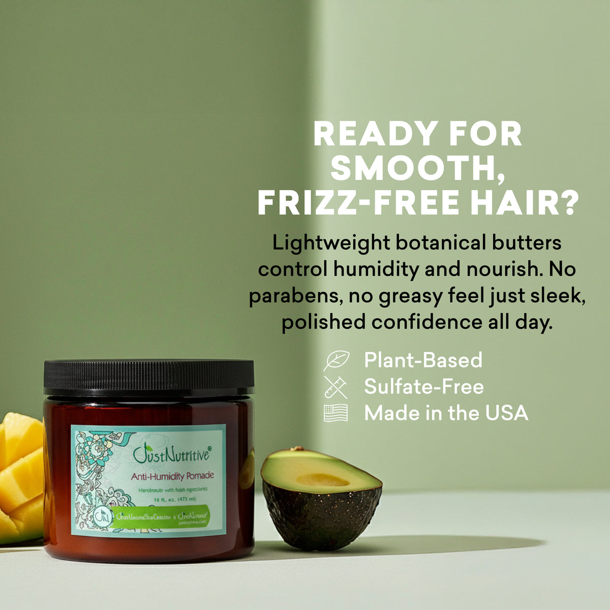 Jar of hair product with avocado and mango on a light green background