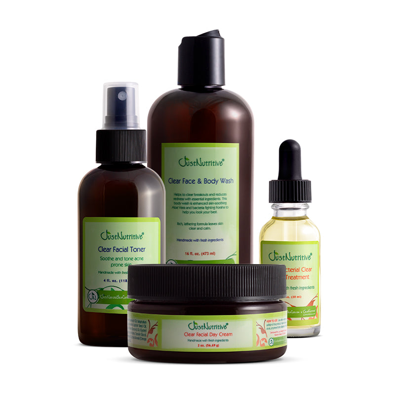 Collection of Clear skincare products including toner, wash, cream, and treatment on a white background.