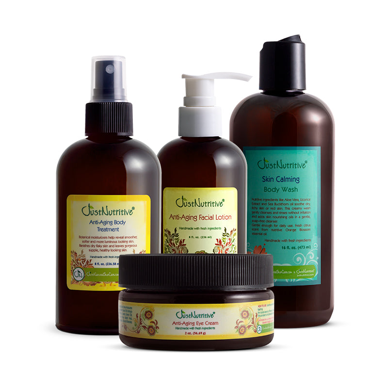 Set of four Just Nutritive skincare products on a white background