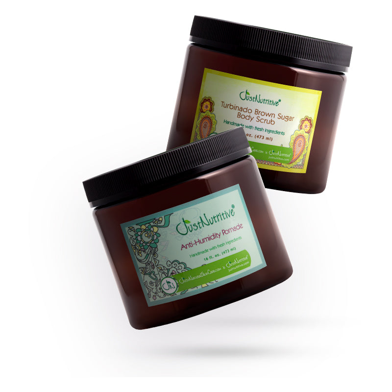 Two brown jars with black lids on a white background, featuring 'Just Nutritive' branding.