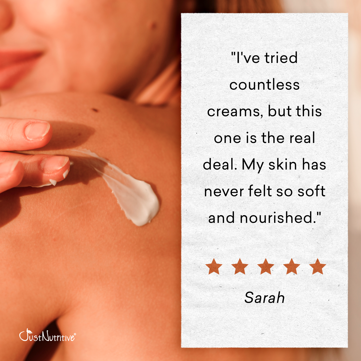 Person applying cream to shoulder with review text and rating on a white background