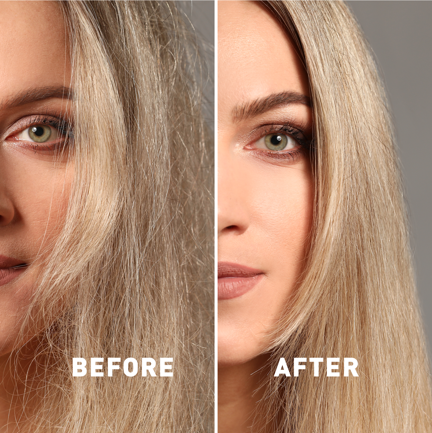 Before and after comparison of a woman's hair color change.