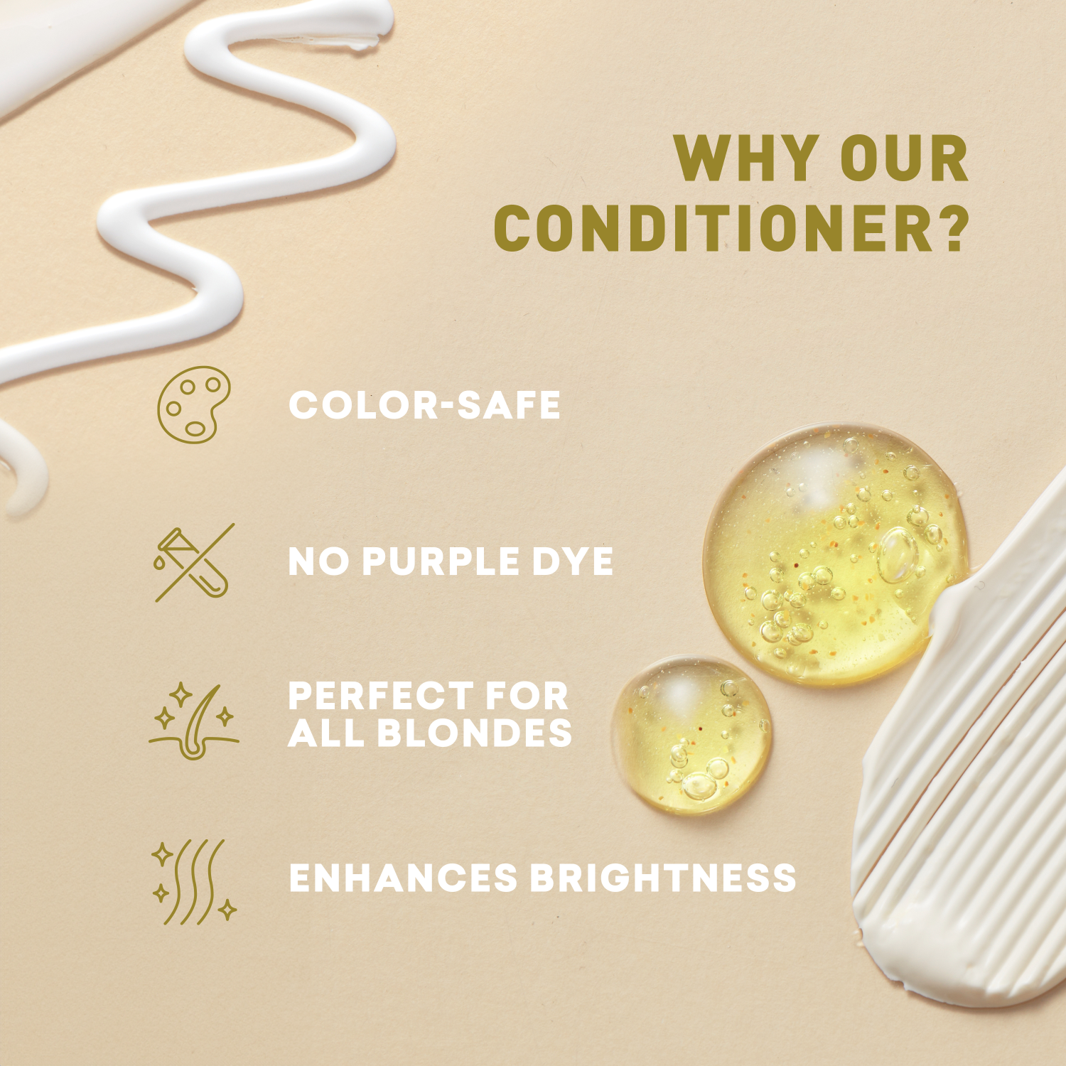 Promotional image of a conditioner with text highlighting its features on a beige background.
