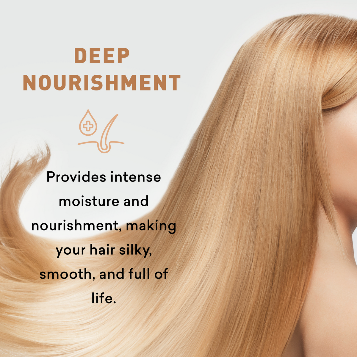 Long, blonde hair with text about deep nourishment for hair care.