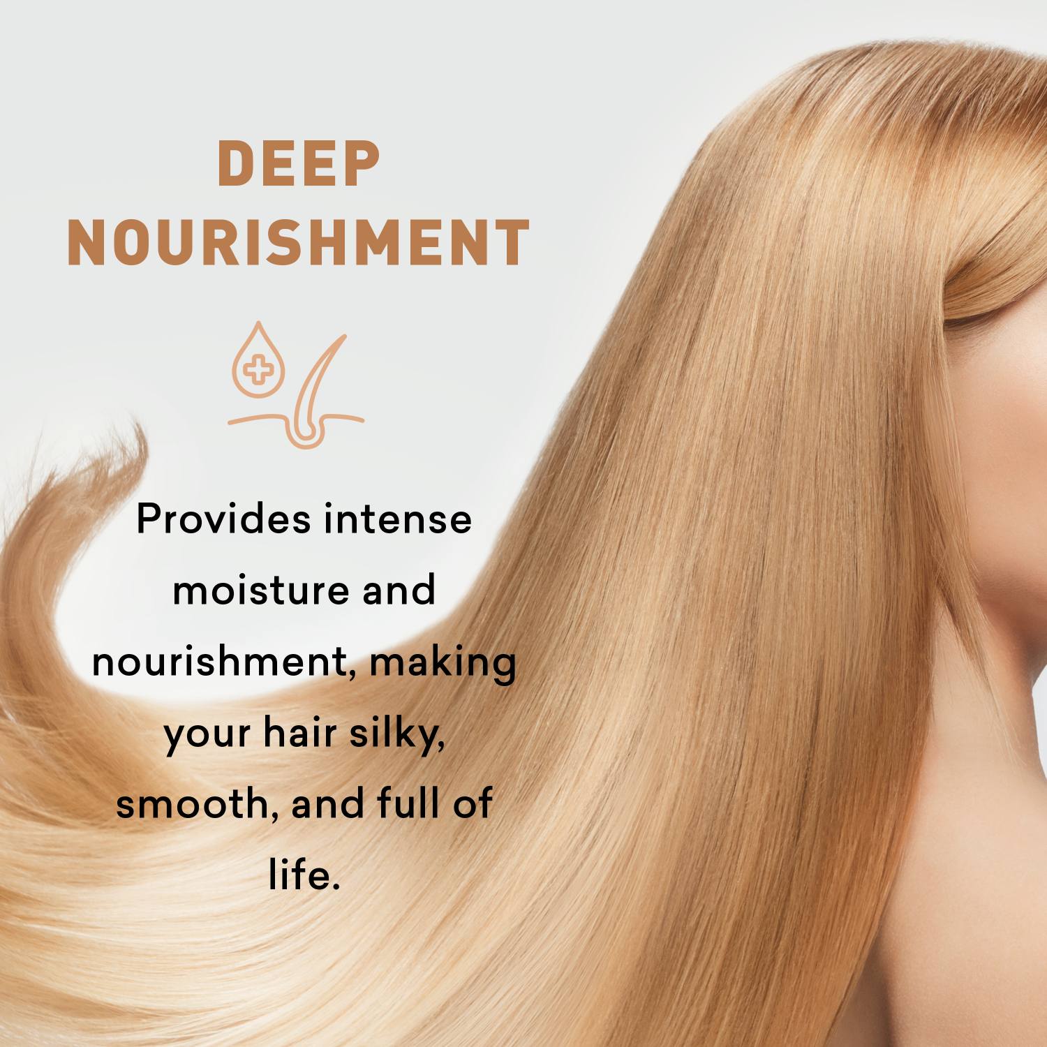 Long, blonde hair with text about deep nourishment for hair care.