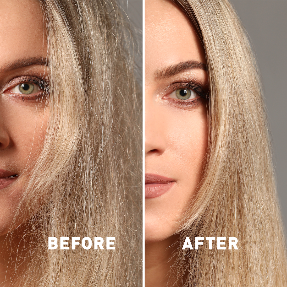 Before and after comparison of a woman's hair color change.