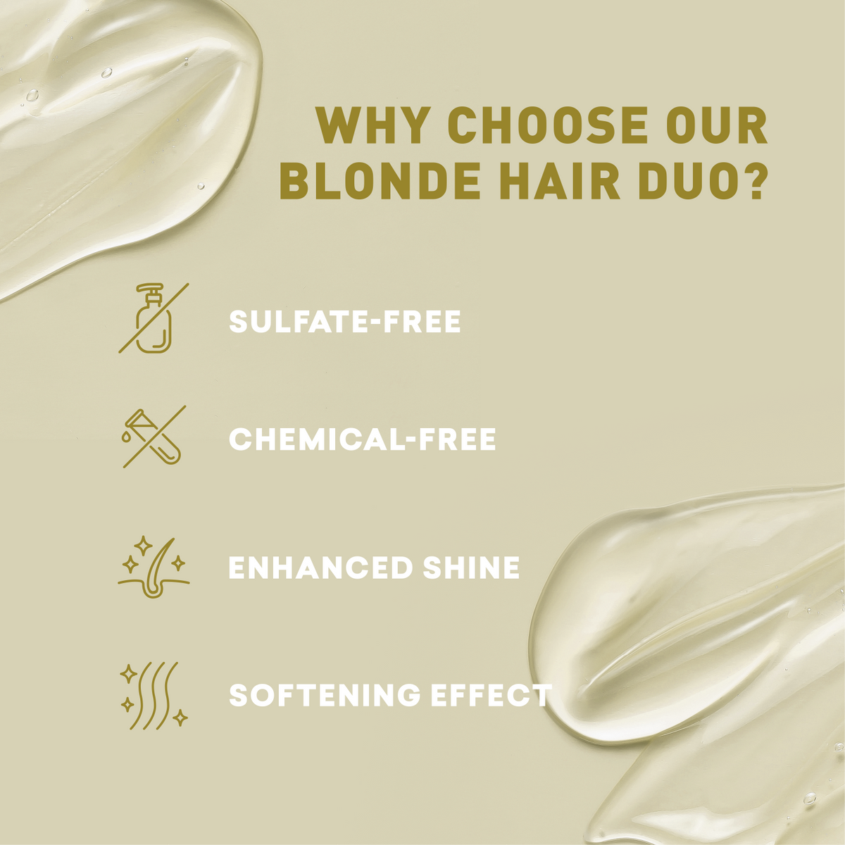 Promotional graphic for blonde hair care products with text and icons on a beige background.