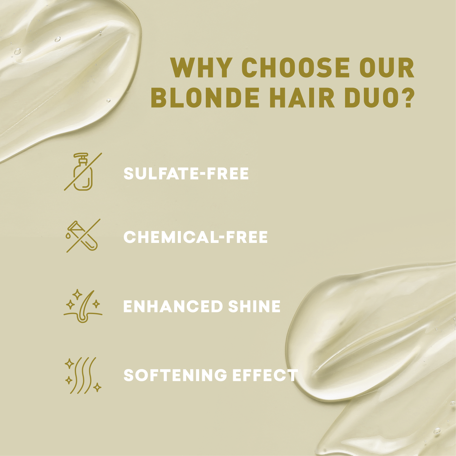 Promotional graphic for blonde hair care products with text and icons on a beige background.