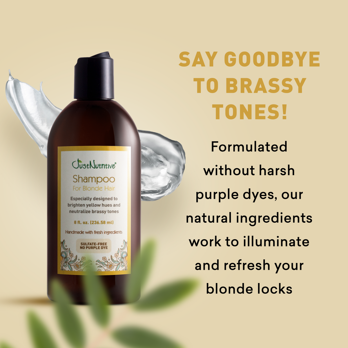 Shampoo bottle for blonde hair with text on a beige background