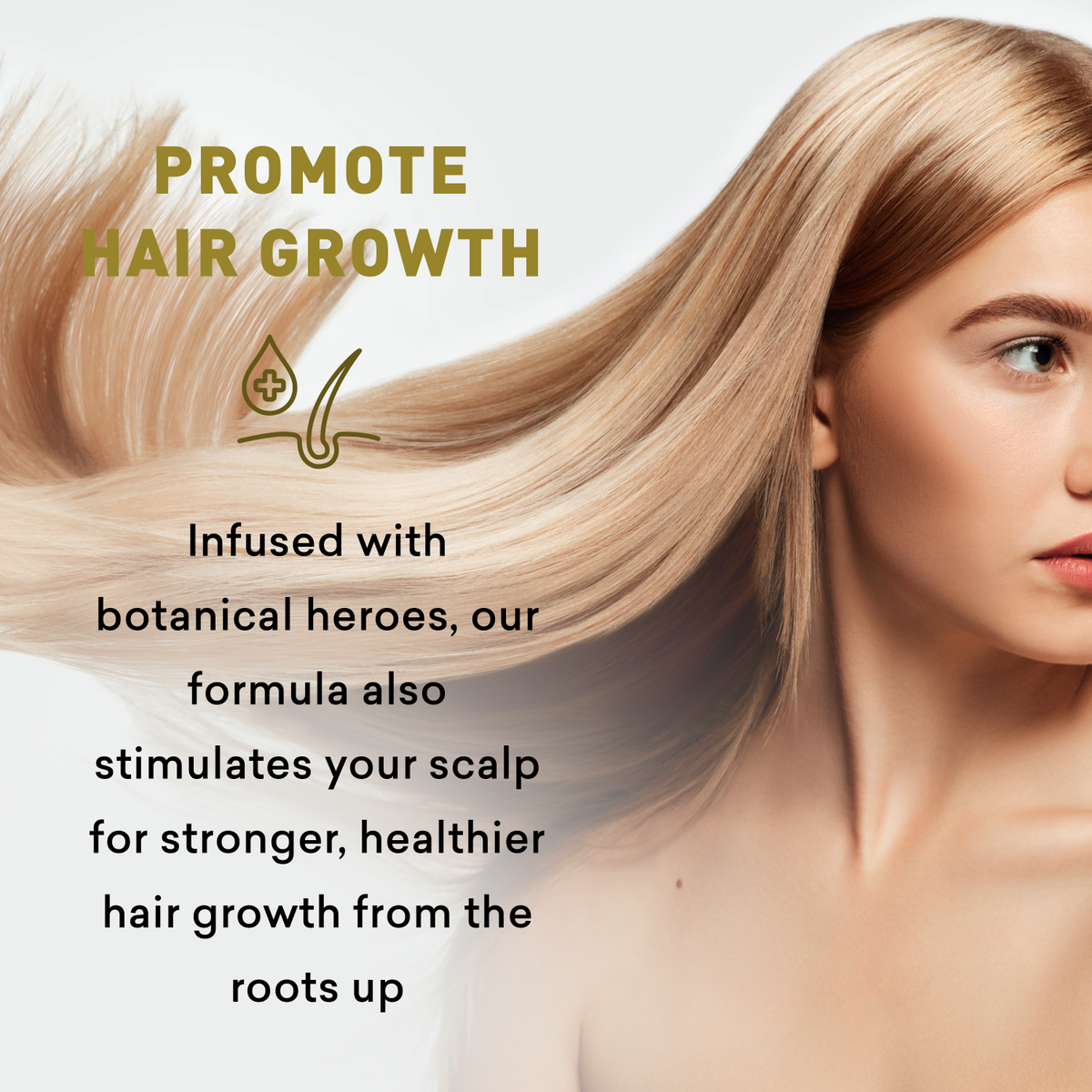 Promotional image for hair growth product with a woman's face and text about botanical ingredients.