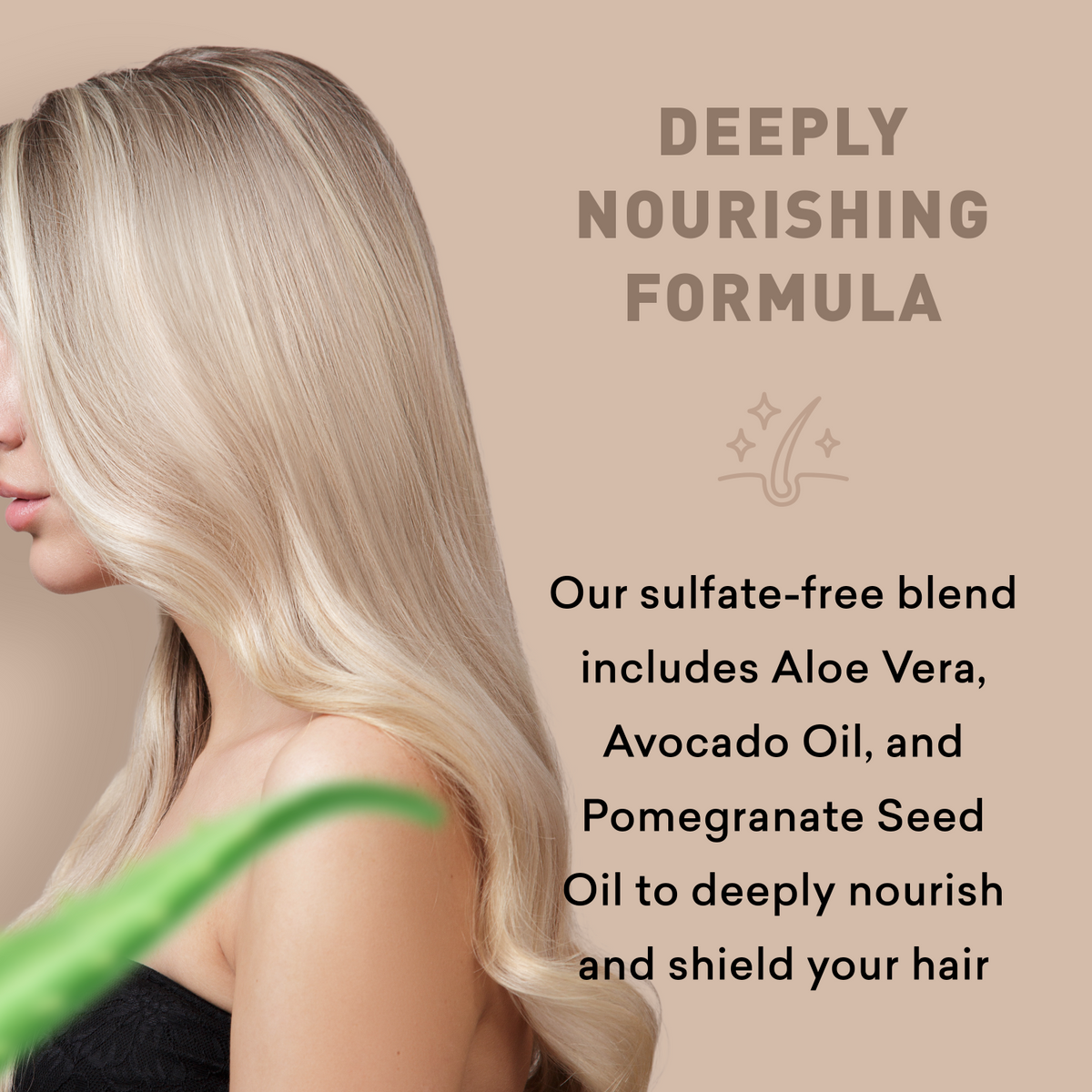 Woman with blonde hair against a beige background with text about a sulfate-free hair care product.