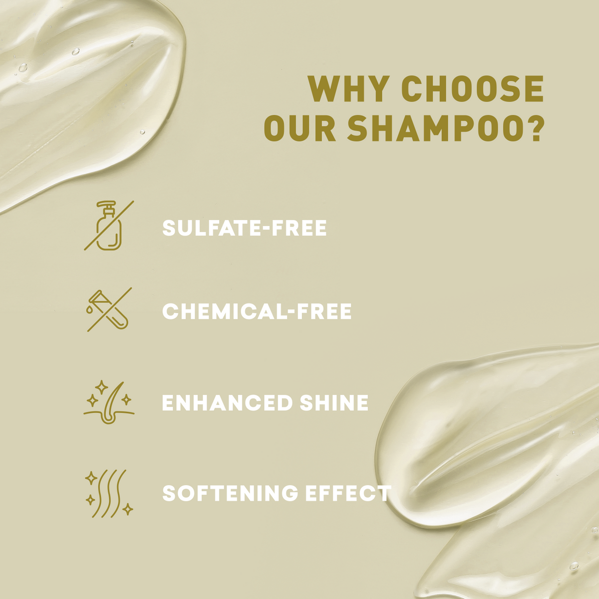 Promotional graphic for a shampoo product with text and icons on a beige background.