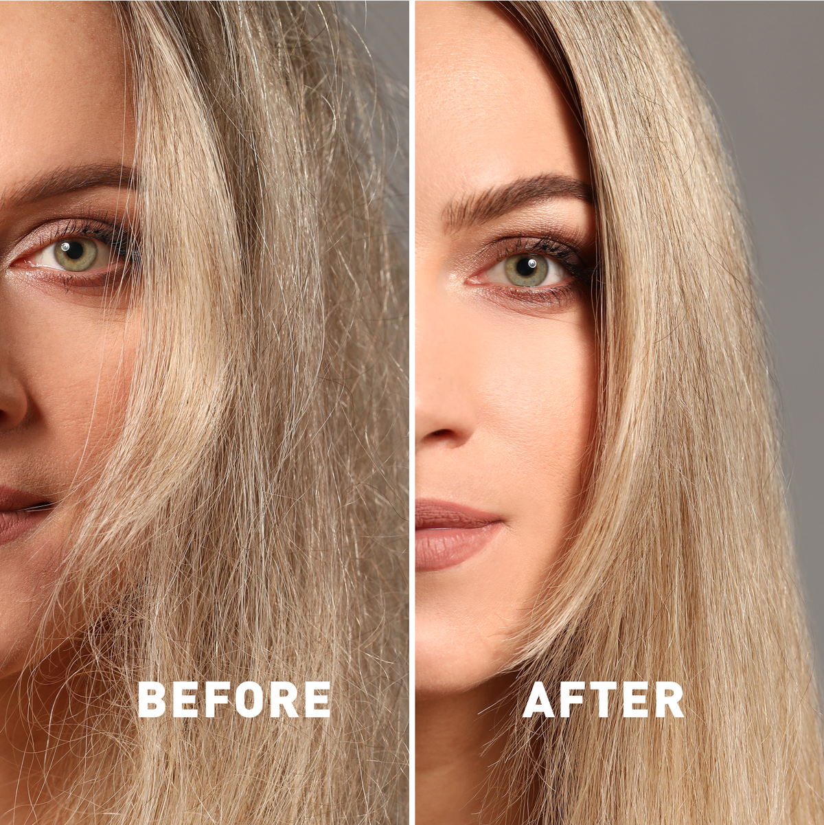 Before and after comparison of a woman's hair color transformation.