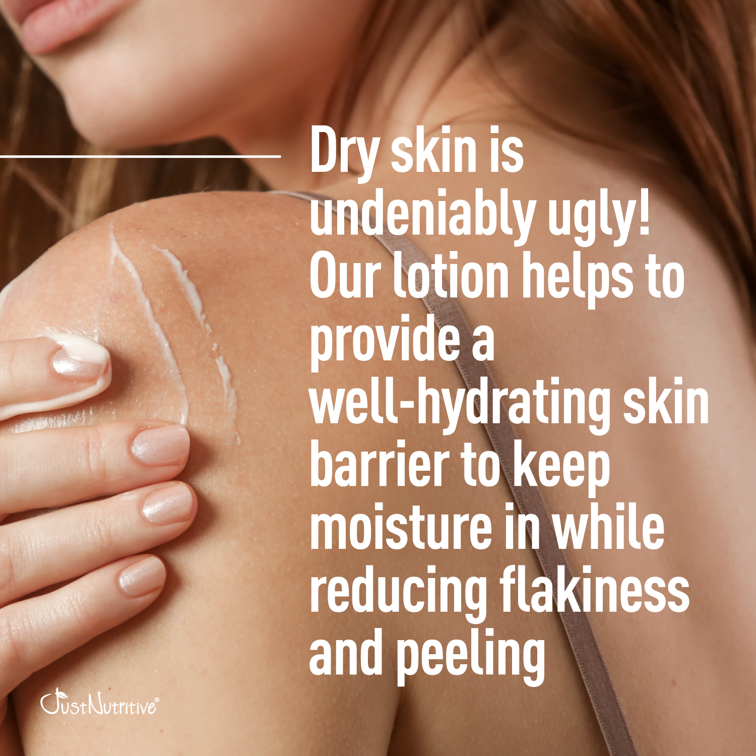 Person applying lotion to shoulder with text about lotion benefits