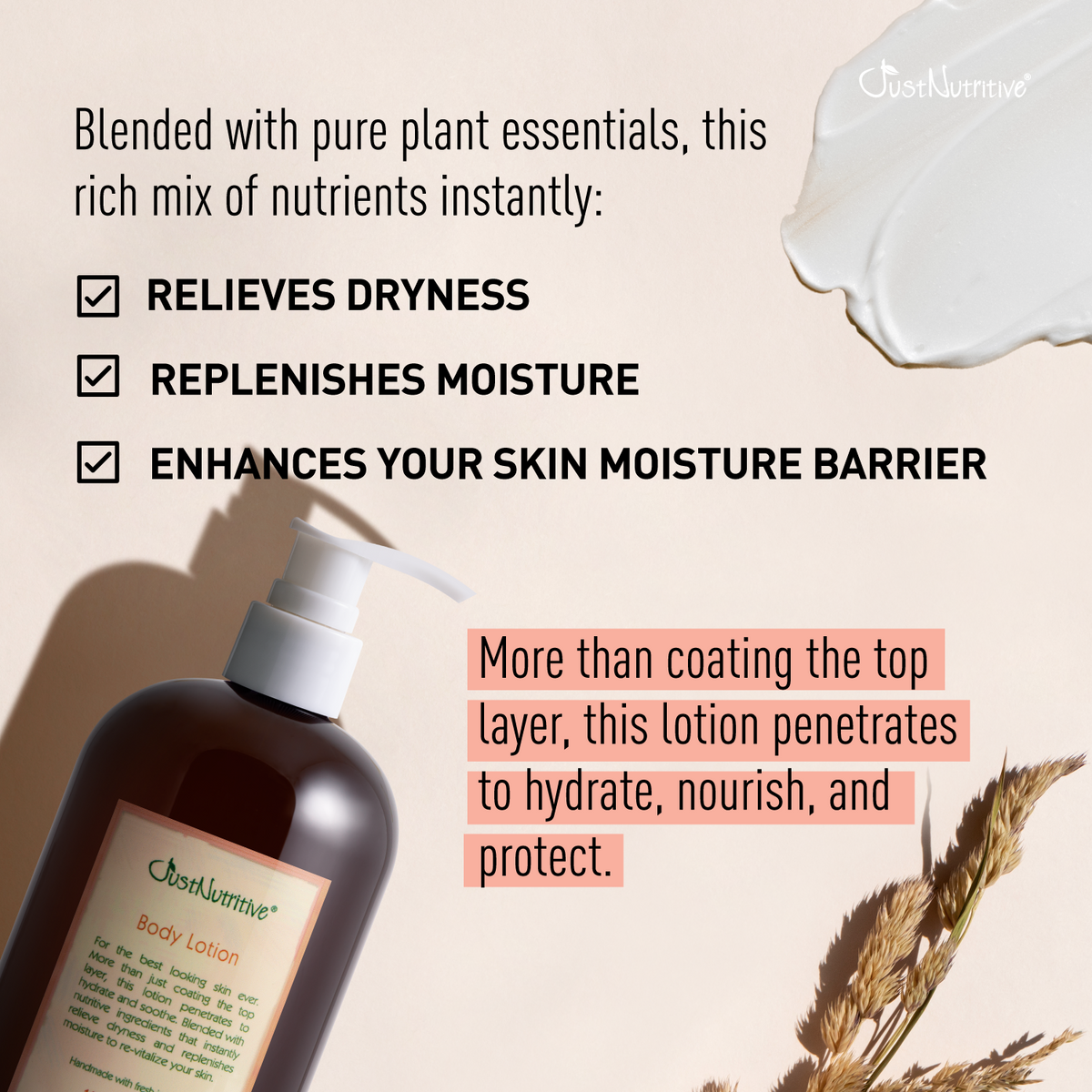 Body lotion bottle with text about its benefits on a beige background