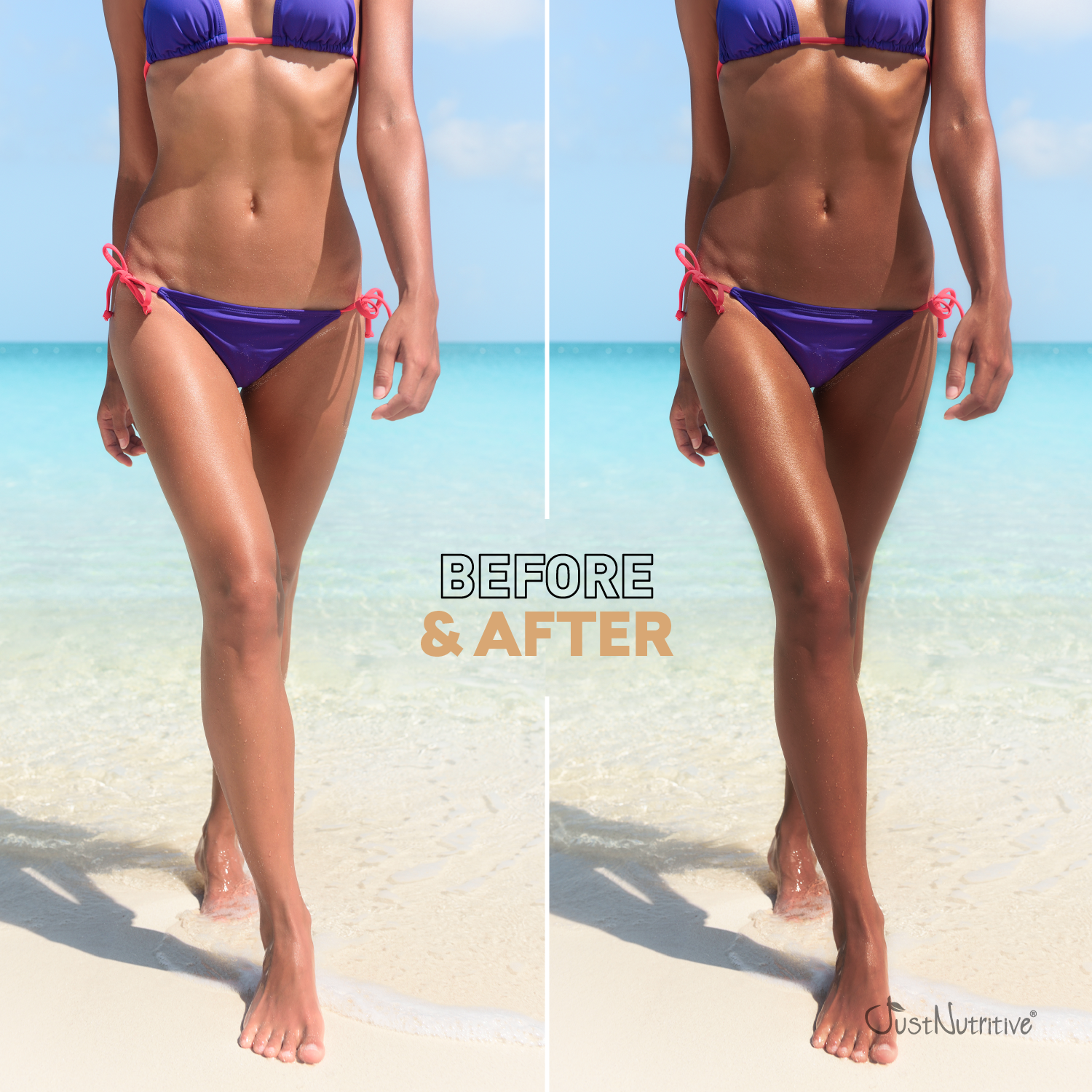 Before and after comparison of a person in a purple bikini on a beach.
