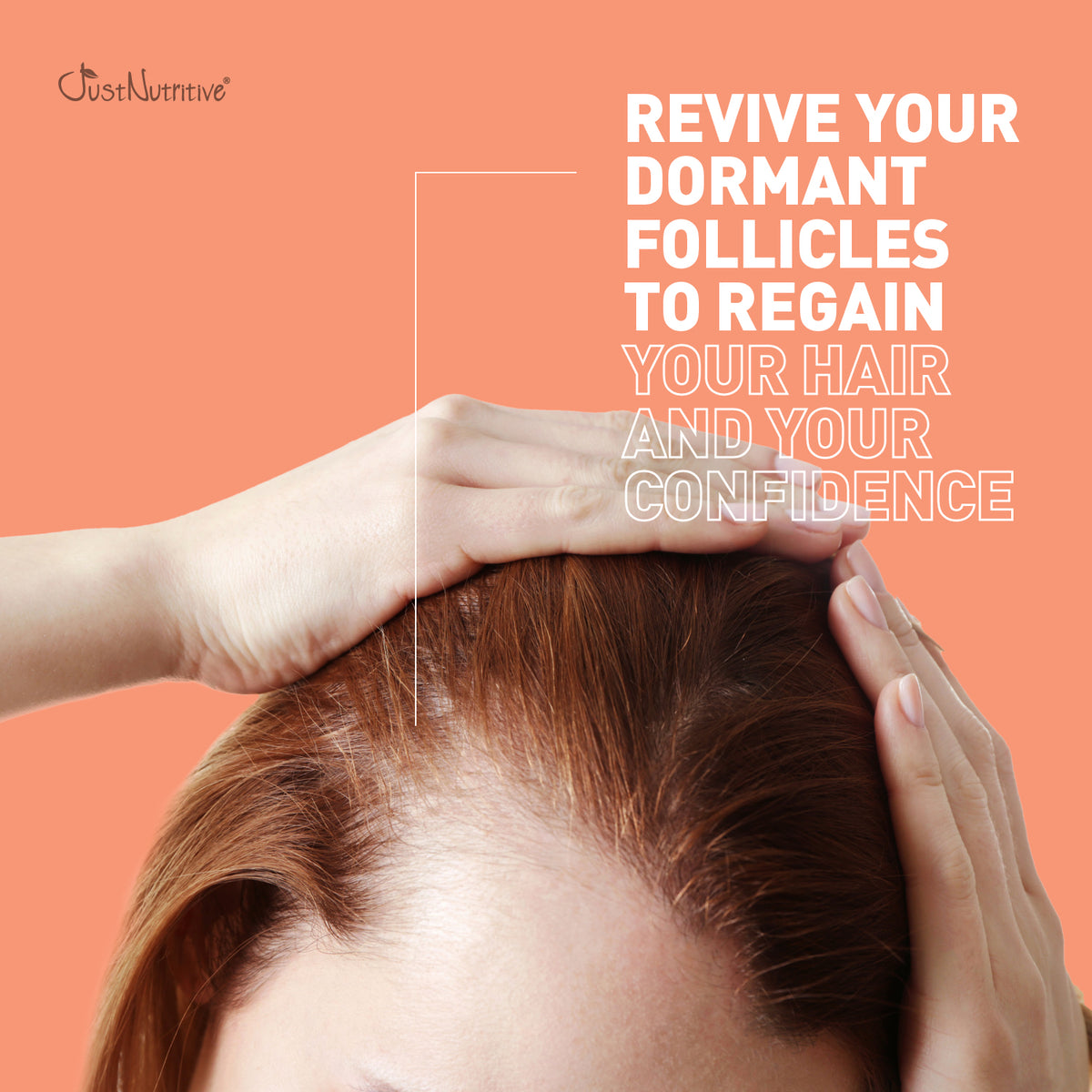 Person touching hair with text on a peach background, promoting hair care product.