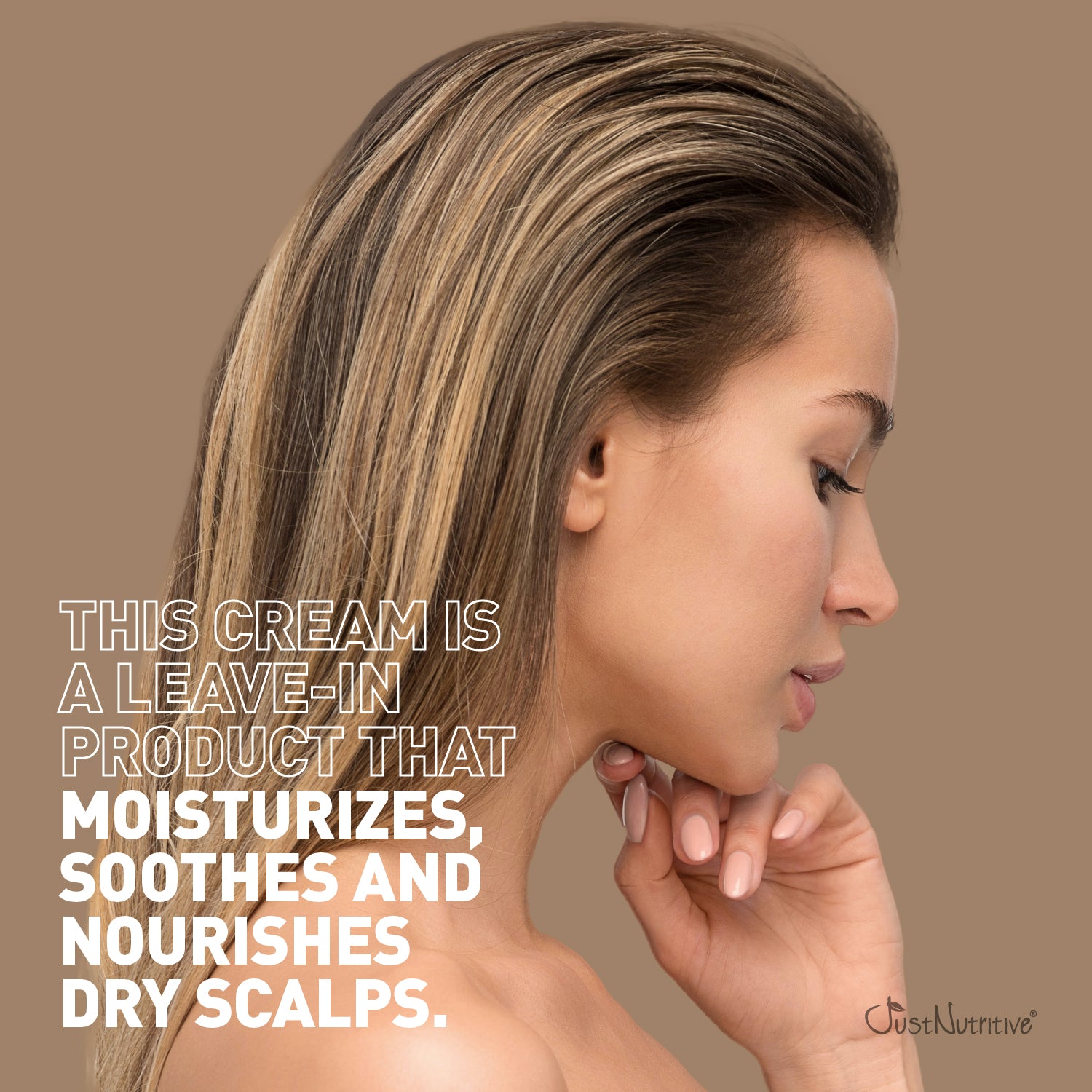 Woman with dry scalp on a brown background with product description text.