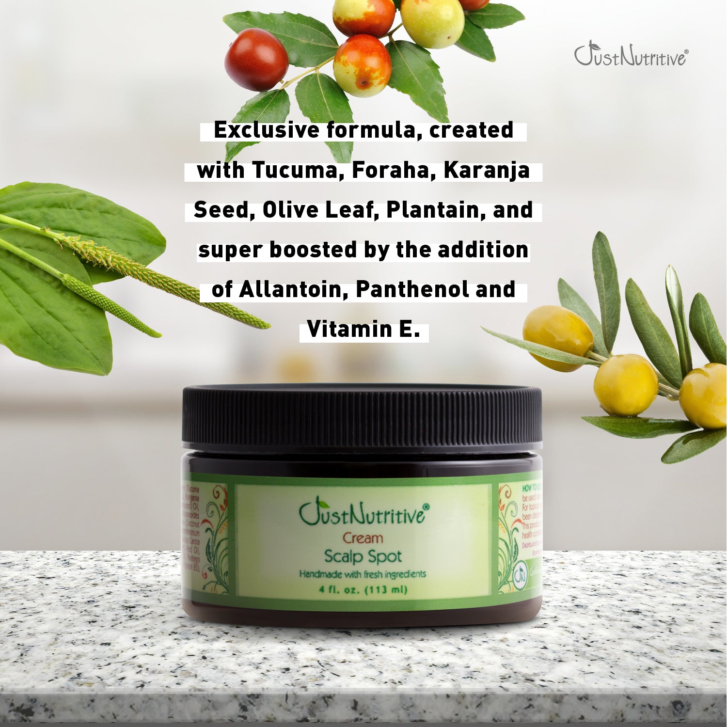 Ointment jar with green label on a countertop, surrounded by Tucuma, Foraha, Karanja Seed, Olive Leaf, Plantain, Allantoin, Panthenol, and Vitamin E.