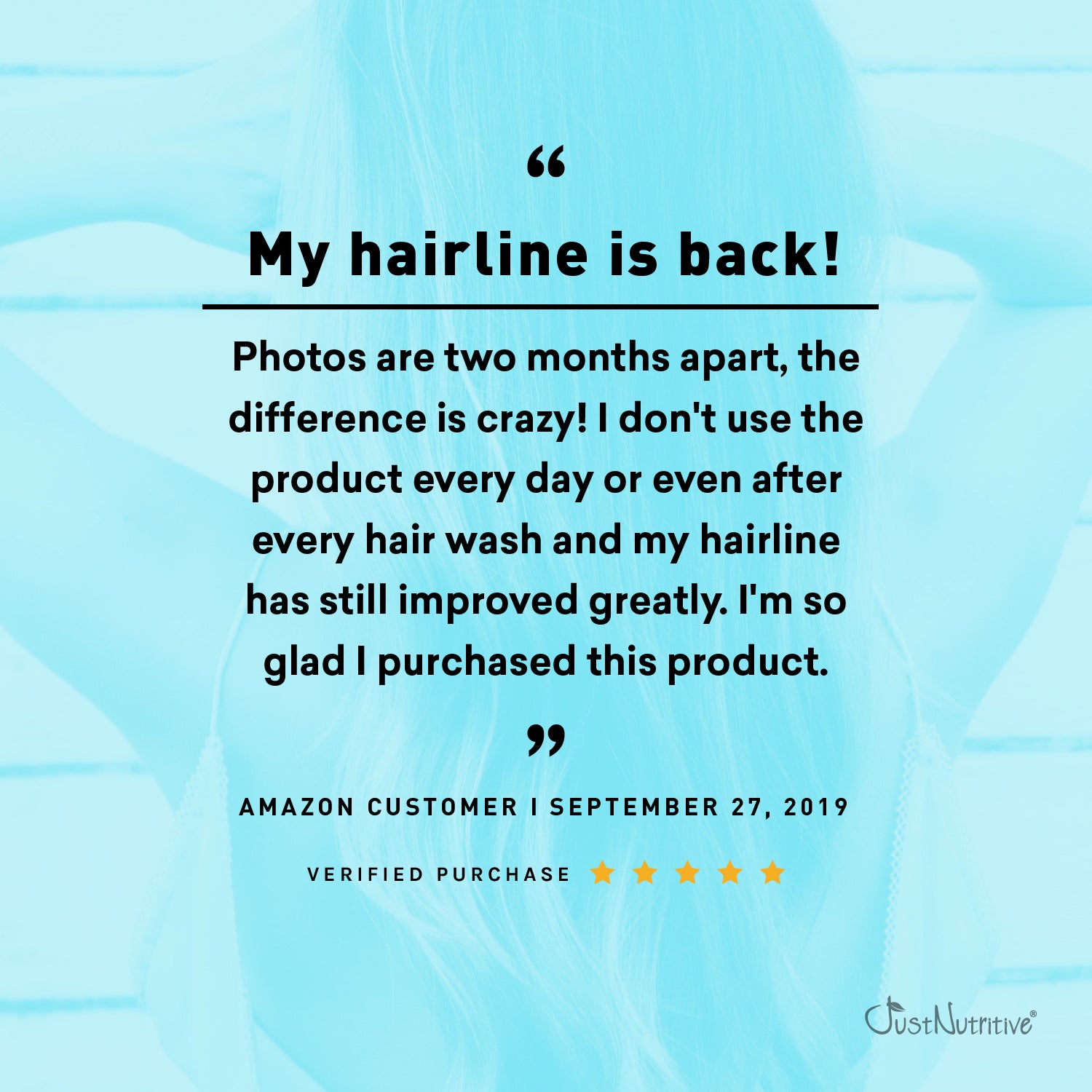 Product advertisement with customer testimonial on a blue background