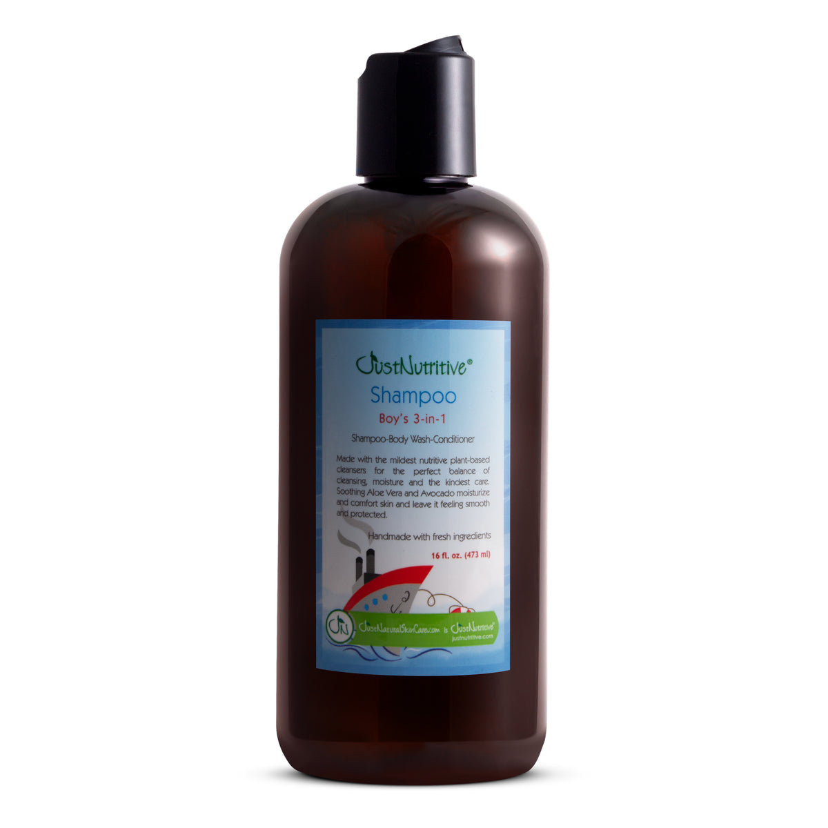 Brown shampoo bottle with a label on a white background