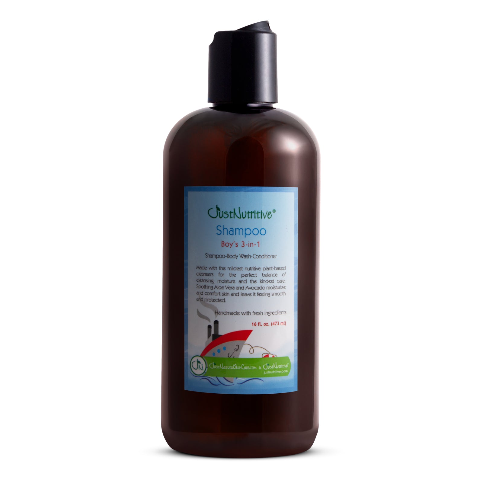 Brown shampoo bottle with a label on a white background