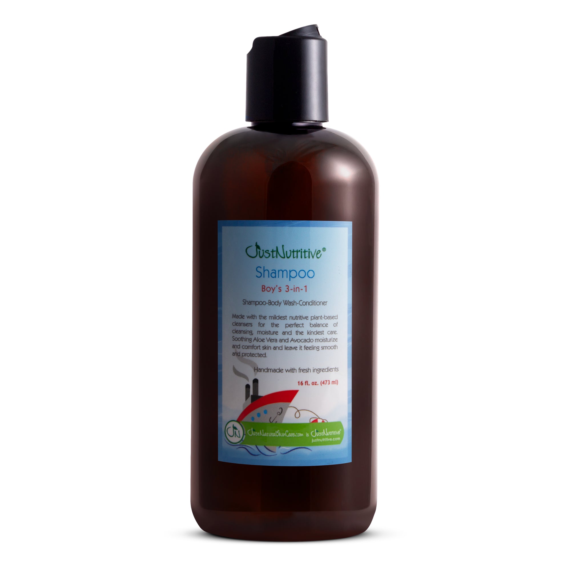 Brown shampoo bottle with a label on a white background