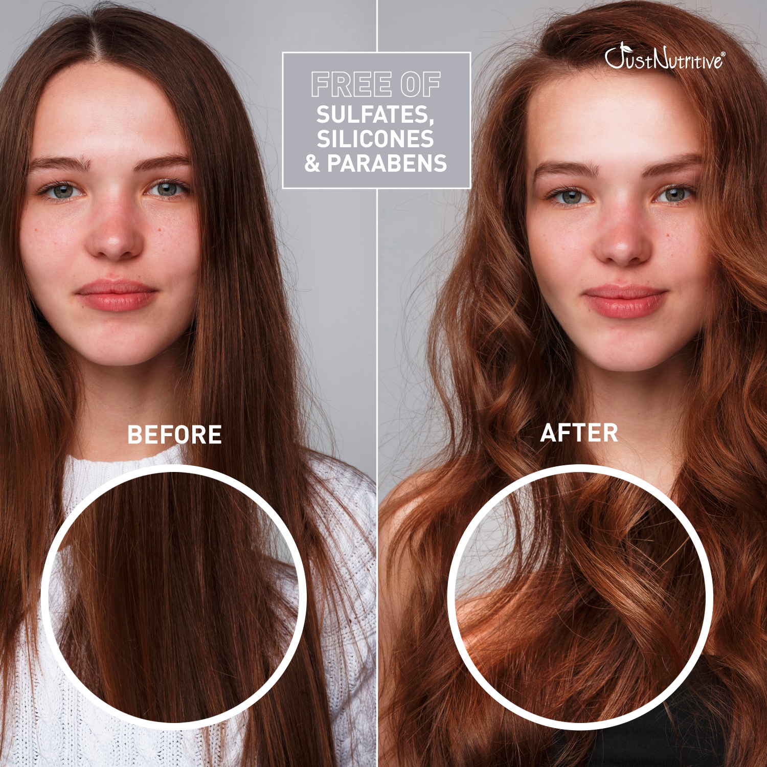 Before and after comparison of hair color with a brand name on a gray background