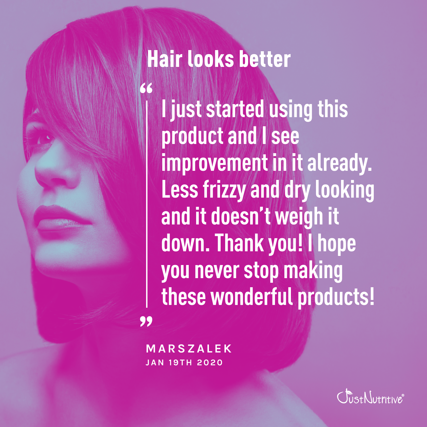 Product review with a woman's face and text on a purple background