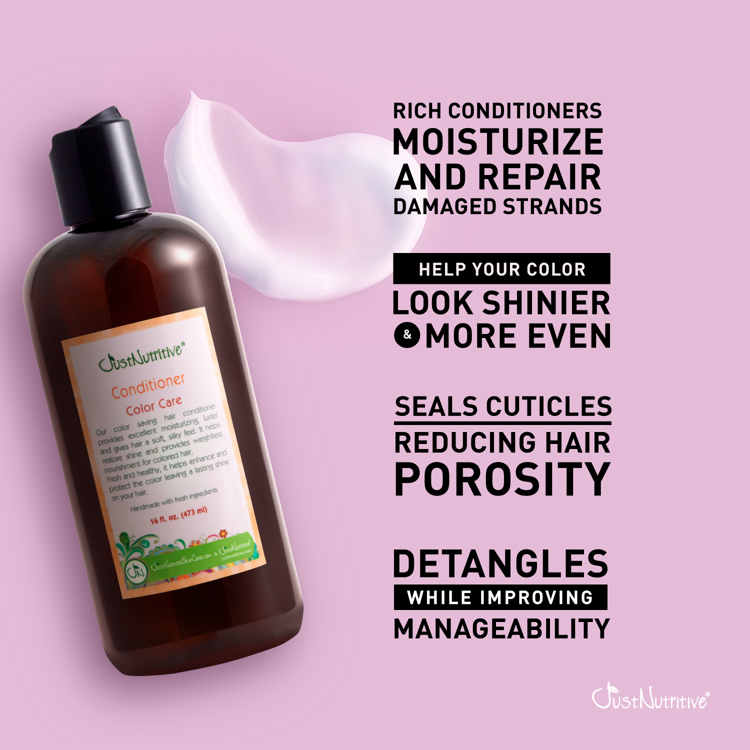 Hair conditioner bottle with text on a pink background