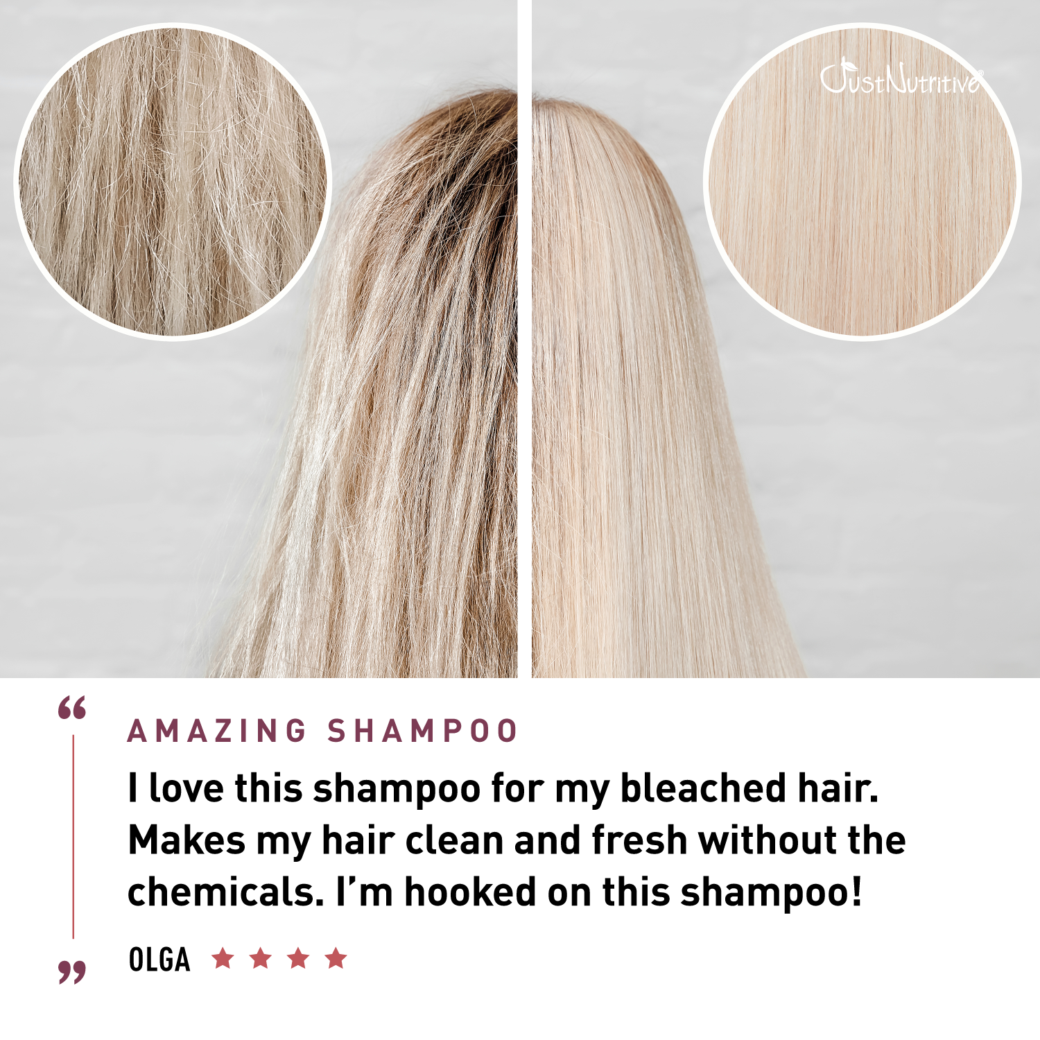 Before and after comparison of bleached hair with a positive review of the shampoo.