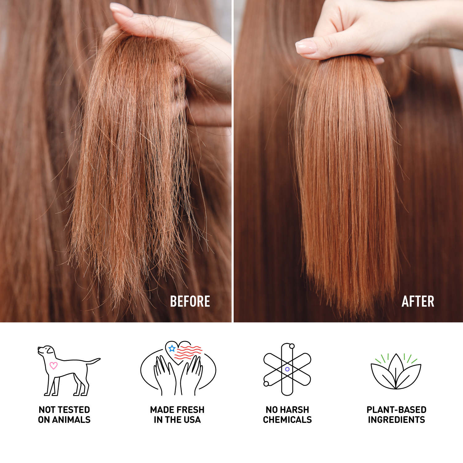 Before and after comparison of hair strands with product benefits listed below.
