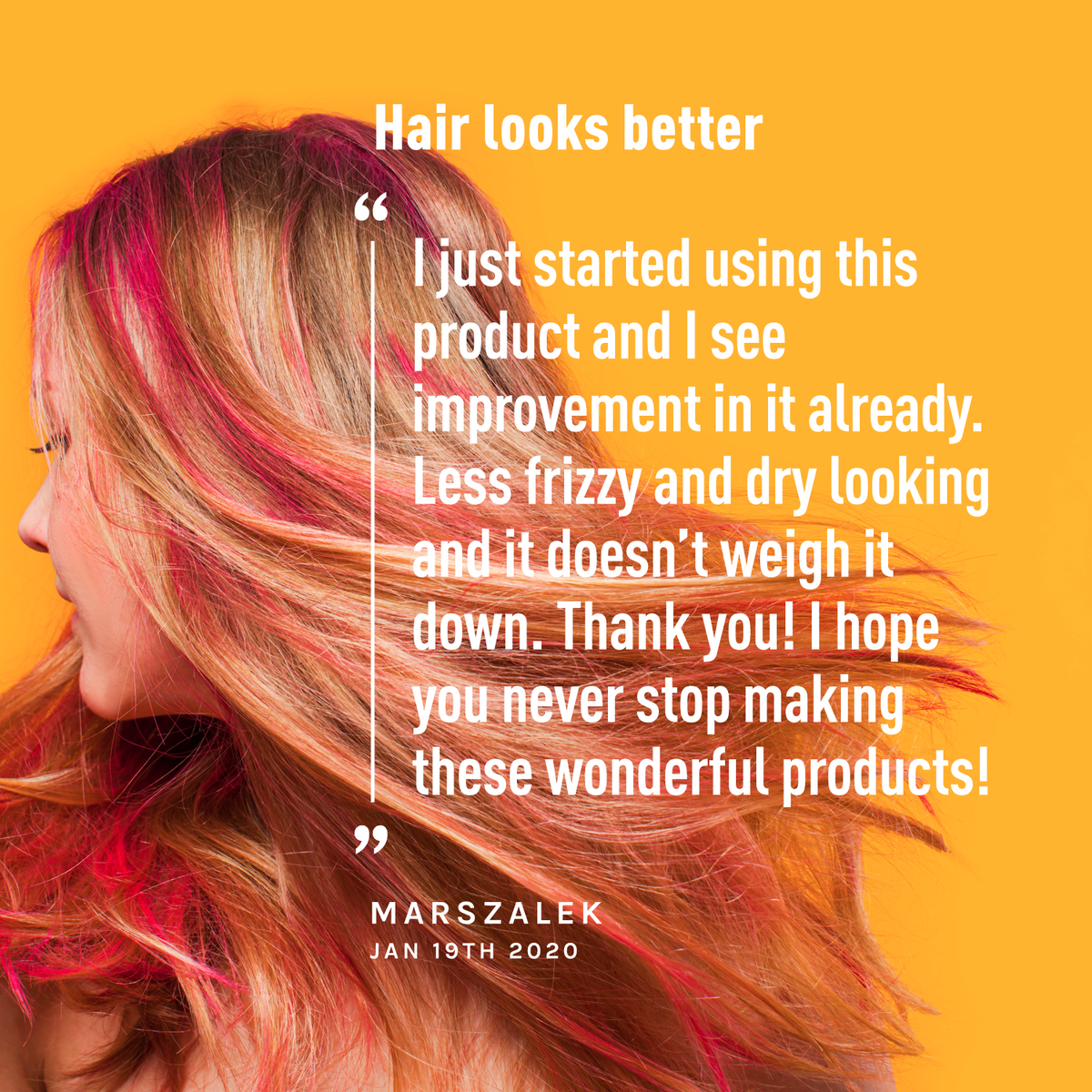 Person with styled hair on a yellow background with a testimonial quote.