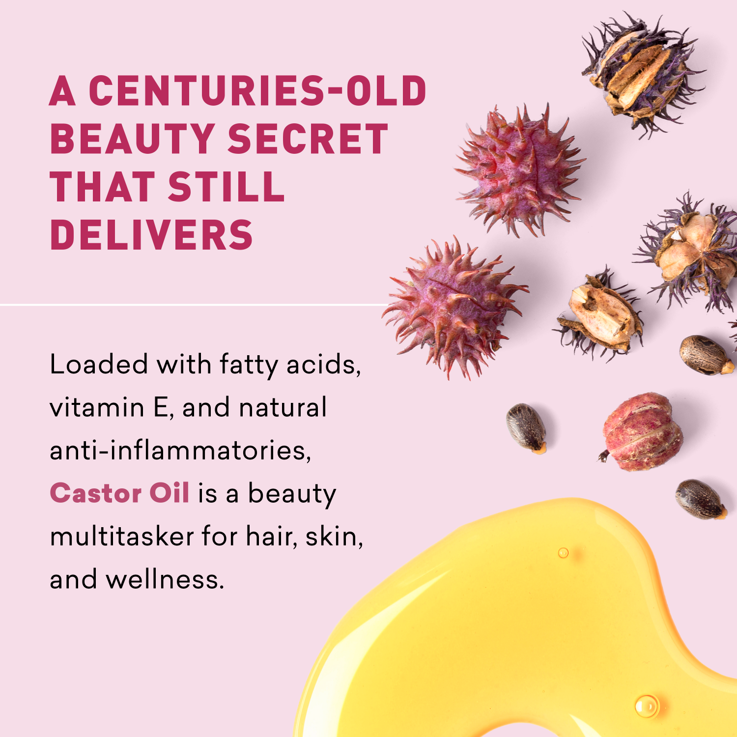 Advertisement for castor oil with text and images of castor seeds on a pink background.