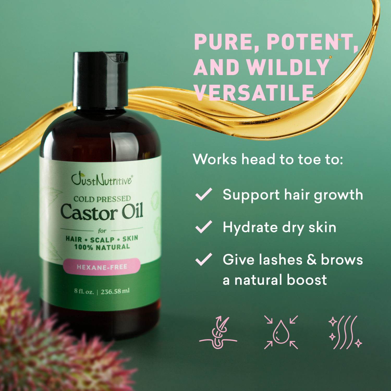 Bottle of Just Nutive Castor Oil with product description on a green background