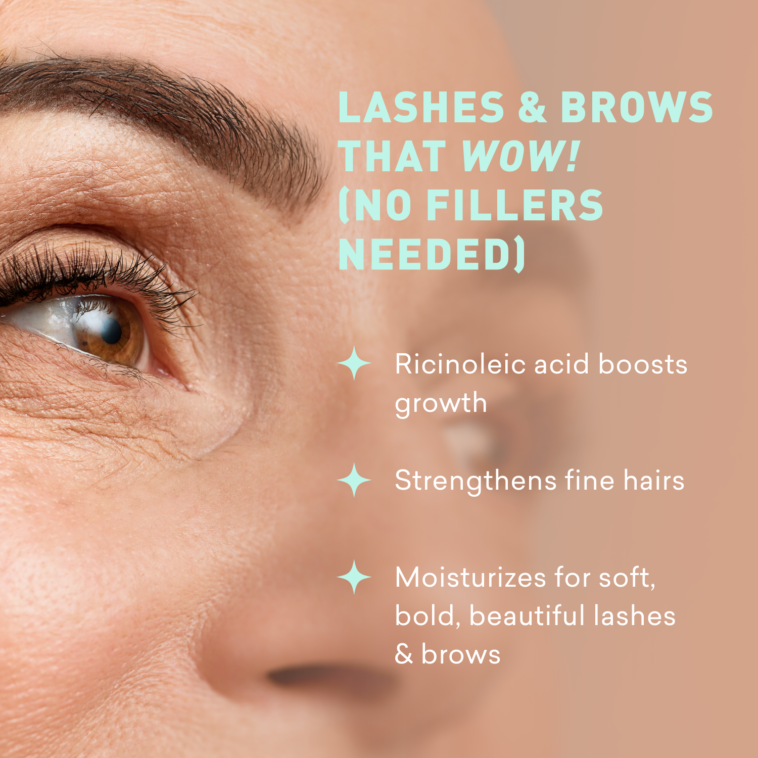 Close-up of an eye with text highlighting lash and brow care benefits.